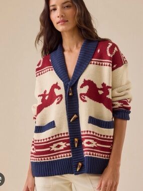 Altar'd State Cream Cardigan with Red Horse Motif and Navy Trim